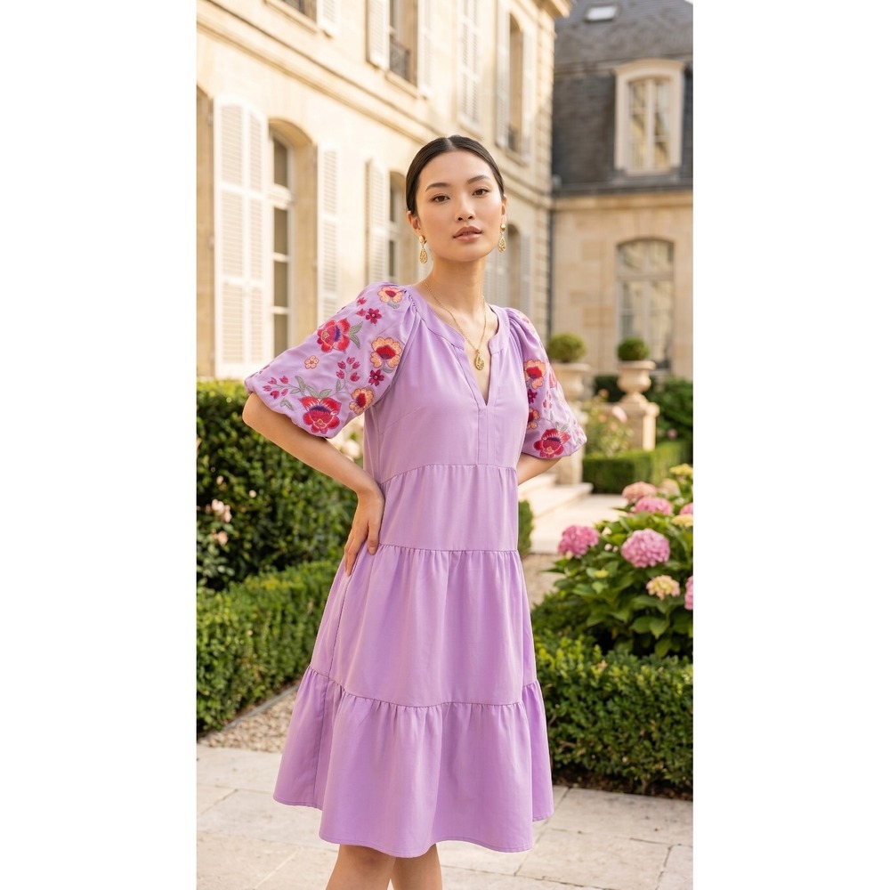 Violet Purple Embroidered Puff Sleeve Tiered Dress Sz. M Boho Party NWT